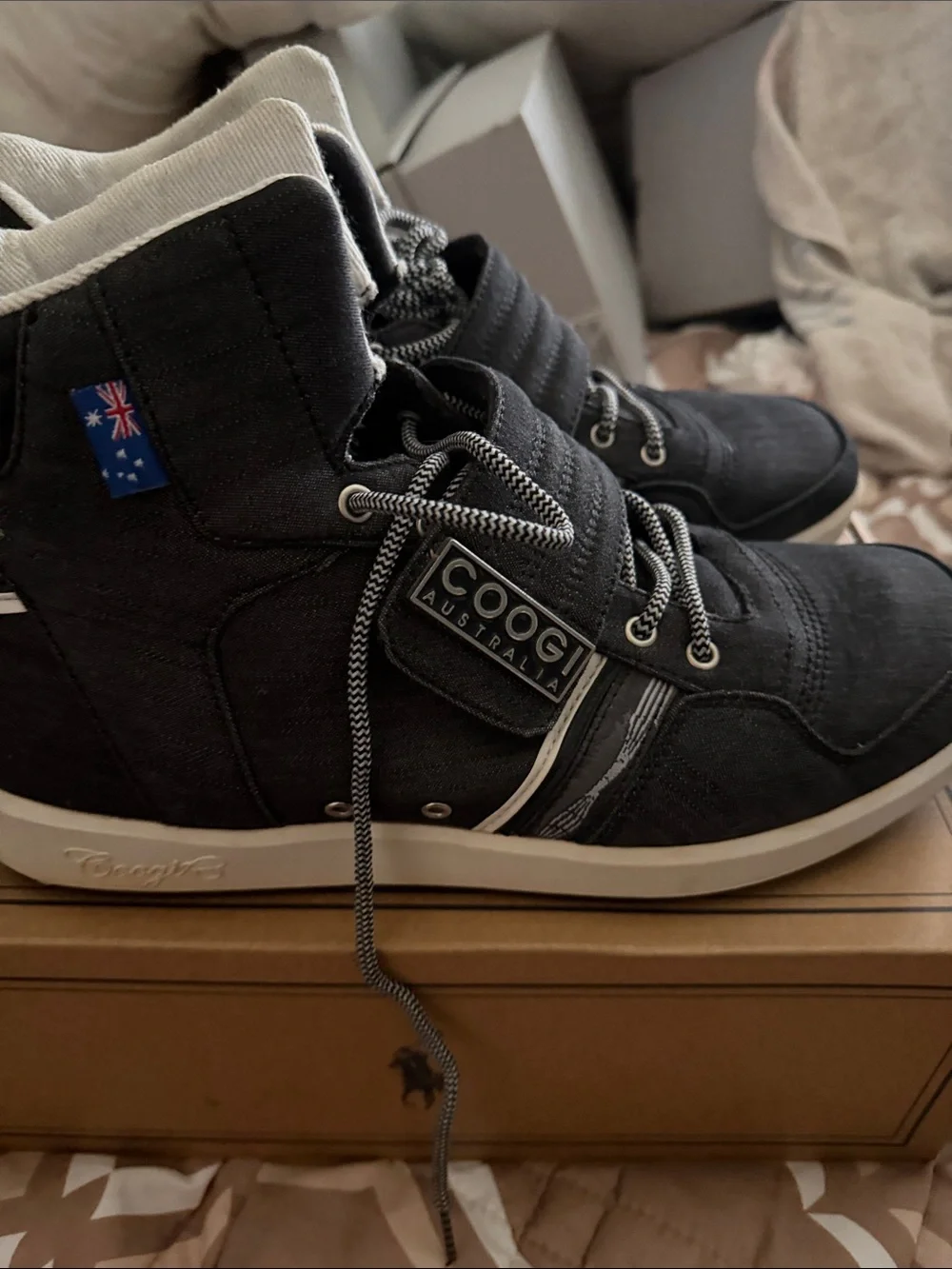 COOGI Black and White High-Top Sneakers with Flag Tab